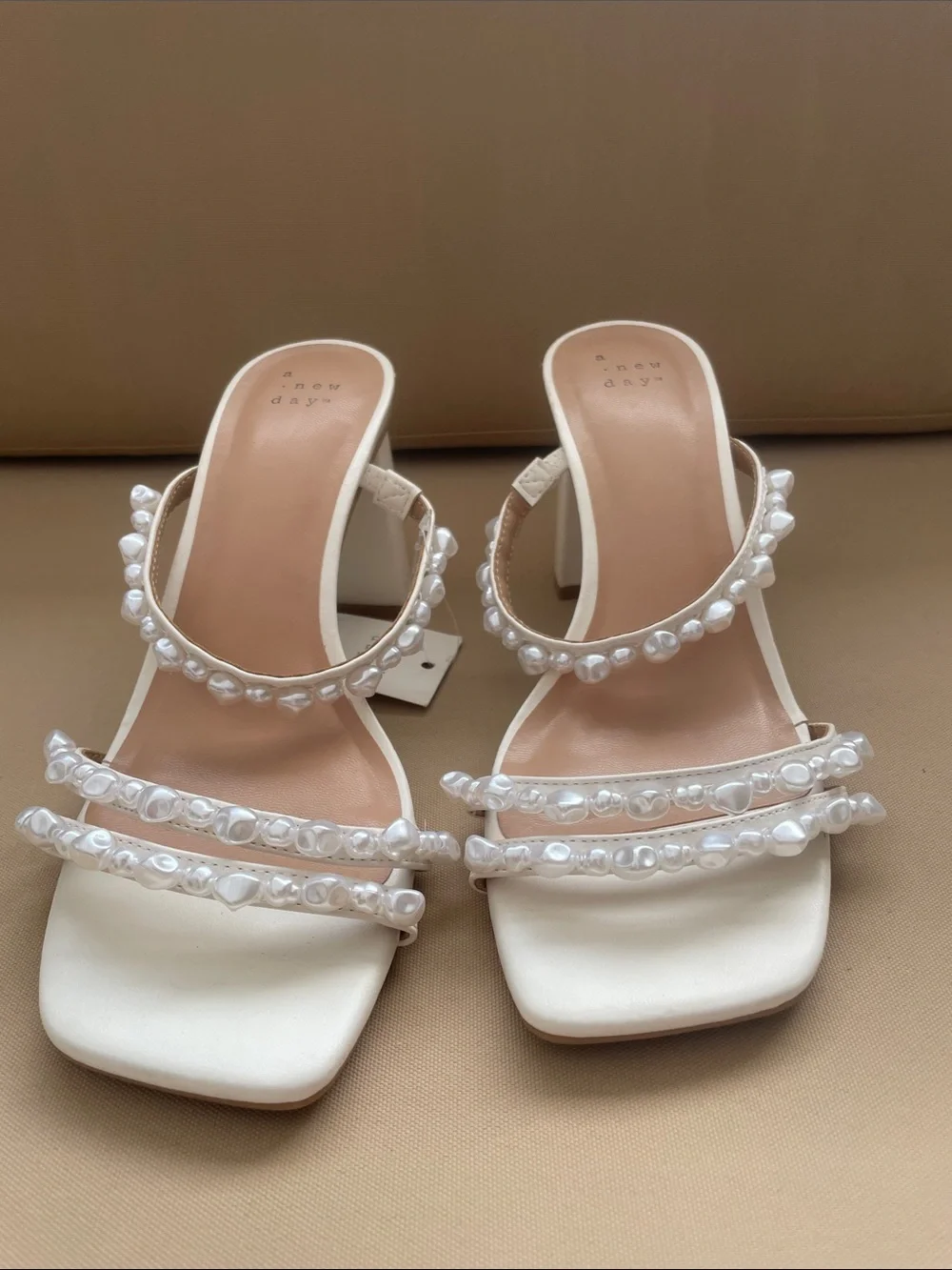 a new day Pearl-Embellished Cream Strappy Mules